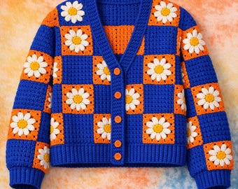 Retro Daisy Cardigan, Multilingual Crochet Pattern, Y2K Checkered Sweater, Chunky Floral Top PDF