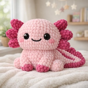 May include: A handmade, plush axolotl toy in shades of pink. The crocheted creature features large, dark eyes, rosy cheeks, and a smiling mouth. Its frilly gills and tail are a darker pink, adding contrast. The toy is designed to sit upright.