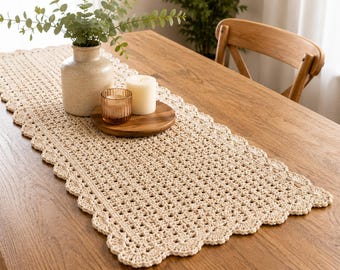 Patrón moderno de filet / Tutorial multilingüe de camino de mesa boho a crochet / Decoración rústica DIY