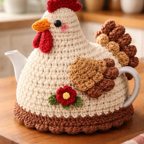 Wzór na szydełkową osłonkę na kurę – wystrój kuchni w stylu rustykalnym, samouczek teksturowanego amigurumi (wielojęzyczny plik PDF)