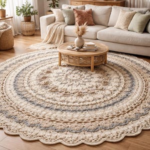 Può includere: Un grande tappeto rotondo color crema con un design all'uncinetto dettagliato. Il tappeto presenta cerchi concentrici con trame e colori variabili, tra cui crema, beige e un tocco di grigio. Il bordo smerlato aggiunge un tocco decorativo.
