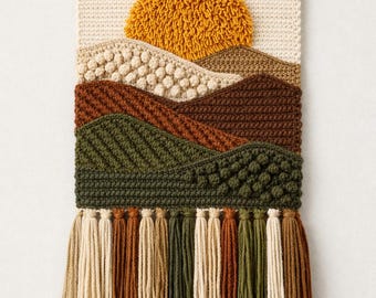 Textured Mountain Sunset Crochet Wall Hanging: Modern Fiber Art (Digital Download)