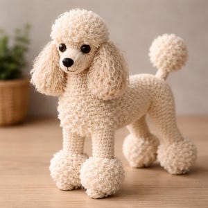 Op de afbeelding: Een crèmekleurige gehaakte poedel met een krullende kop, oren en staart. De handgemaakte hond heeft zwarte ogen en een zwarte neus. De poten van de poedel hebben pluizige, afgeronde voeten. De hond staat op een lichtbruin oppervlak.