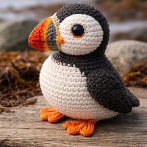 Può includere: Un giocattolo di pulcinella di mare all'uncinetto, con corpo bianco, testa e ali grigio scuro e zampe e becco arancioni. Il pulcinella di mare è appoggiato su una superficie di legno, con uno sfondo sfocato del mare.