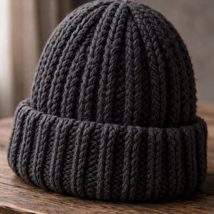 Peut inclure: Un bonnet en tricot gris foncé avec des côtes. Le bonnet a un bord épais replié et une couronne ajustée. Il est fait d'une matière douce et texturée, idéale pour l'hiver. Le bonnet est posé sur une surface en bois.