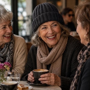 Könnte beinhalten: Drei Frauen sitzen an einem Cafétisch, lächeln und unterhalten sich. Eine Frau trägt eine dunkelgraue Strickmütze und hält eine schwarze Kaffeetasse. Ein beiger Schal und ein dunkler Pullover sind ebenfalls zu sehen. Eine zweite Frau trägt einen gemusterten Schal.