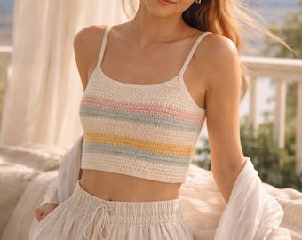 Boho Striped Crochet Bralette Pattern: Pastel Cotton Tank Top (PDF Download)
