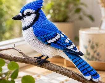Patrón de ganchillo para arrendajo azul: amigurumi de pájaro multilingüe realista en formato PDF digital.