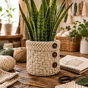 Puede incluir: Una maceta beige tejida con tres botones de madera contiene una planta de serpiente con hojas a rayas verdes y amarillas. La maceta está sobre una mesa de madera con ovillos de lana, ganchillos y un cuaderno.