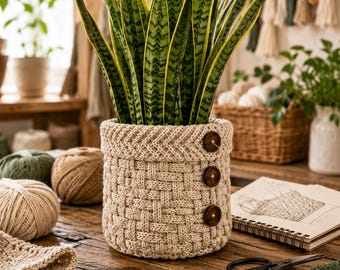 Patrón de ganchillo para funda de maceta estilo granja, funda para plantas con textura de tejido de cesta multilingüe en formato PDF