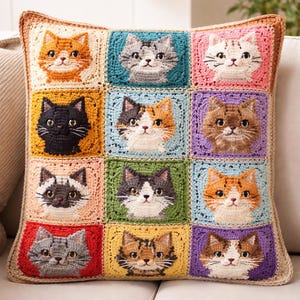 May include: A square crochet pillow featuring a patchwork design of cat faces. Each square showcases a different cat with varying colors and patterns, including orange, gray, black, and calico. The pillow has a neutral-toned border.