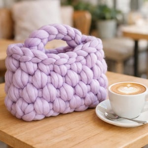 Può includere: Una borsa lavorata a mano di colore lavanda con un manico intrecciato. La borsa è realizzata con filato spesso e ha un aspetto strutturato. Una tazza di caffè bianca con un disegno a forma di cuore nella schiuma è accanto alla borsa su un tavolo di legno.