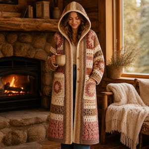 May include: A long, hooded crochet coat in shades of brown, beige, and pink. The coat features a patchwork design with pockets and a button-up front. The woman is holding a mug.
