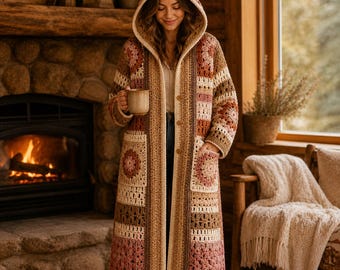 Abrigo floral bohemio, patrón de ganchillo multilingüe en PDF, cárdigan modular de patchwork floral en 3D.