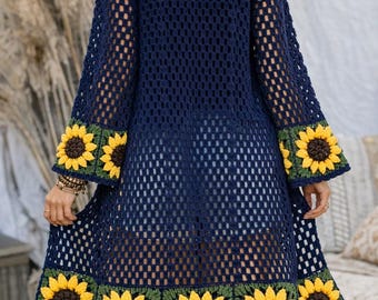 Sunflower Boho Coat Crochet Pattern: Multilingual PDF Digital Download for All Sizes S-XL