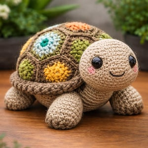 Puede incluir: Un peluche de tortuga hecho a mano con ganchillo, con un caparazón marrón con parches coloridos en naranja, azul, verde y amarillo. La tortuga tiene una cara sonriente, ojos negros y mejillas rosadas. Sobre una superficie de madera.