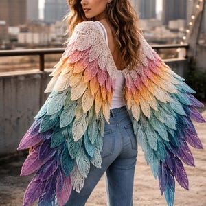 May include: A colorful, handmade crochet shawl in the shape of wings. The wings feature a gradient of colors, including pink, orange, yellow, green, blue, and purple. The shawl is worn over a white top and blue jeans.
