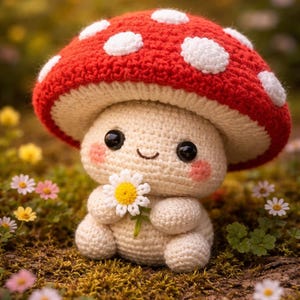 May include: A crocheted mushroom figure with a red cap and white polka dots. The mushroom has a smiling face, rosy cheeks, and holds a small daisy. The figure is set in a natural outdoor scene with flowers.