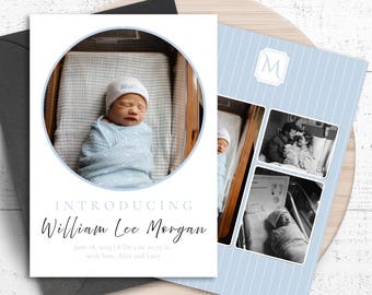 May include: A baby announcement card with a photo of a newborn baby wrapped in a blue blanket and wearing a white hat. The card includes the text "INTRODUCING William Lee Morgan" and the baby's birth details: June 15, 2025, 8 lbs 3 oz, 20.75 in.