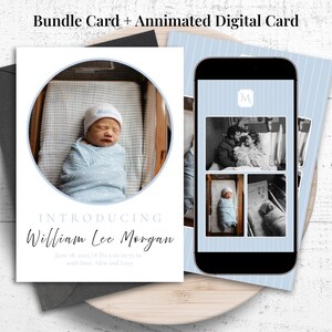 Puede incluir: Una tarjeta combinada y una tarjeta digital animada con un recién nacido. La tarjeta incluye el texto "INTRODUCING William Lee Morgan" y los detalles del nacimiento del bebé. La tarjeta digital muestra varias fotos.