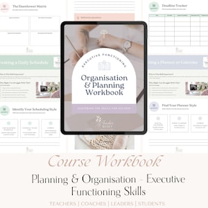 Op de afbeelding: Een digitale werkmap getiteld "Organisation & Planning Workbook" met de ondertitel "Mastering the Skills for Success". De werkmap wordt weergegeven op een tablet, met extra pagina's zichtbaar. De omslag heeft een zacht, neutraal kleurenpalet.