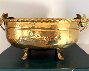 Vintage Hammered Brass Centerpiece Bowl – Ornate Rose Handles, Footed Jardinière