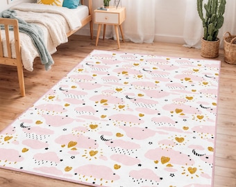 Whimsical Floral Playroom Rug, Pink Rectangle Carpet, Kids Bedroom Decor, Cute Animal Pattern Area Rug, Adorable Nursery Gift