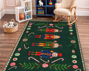 May include: A rectangular green Christmas rug featuring four colourful nutcracker figures. The rug is decorated with candy canes, ornaments, and peppermint candies. A red and white striped border frames the rug, placed on a wooden floor.