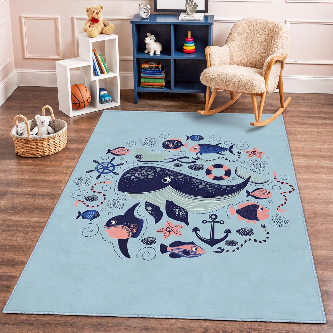 Whale and Fish Patterned Kids Room Rug, Blue Underwater Scene Carpet ...