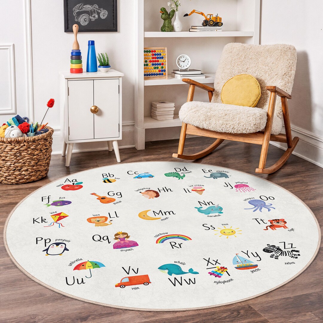 Alphabet Learning Round Rug, Educational Kids Carpet, Soft Play Mat ...