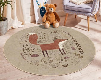 Rustic Fox Round Rug, Woodland Animal Mat, Cute Kids Room Decor, Nature-Themed Nursery Carpet, Soft Brown Fox Area Rug, Playroom Accent