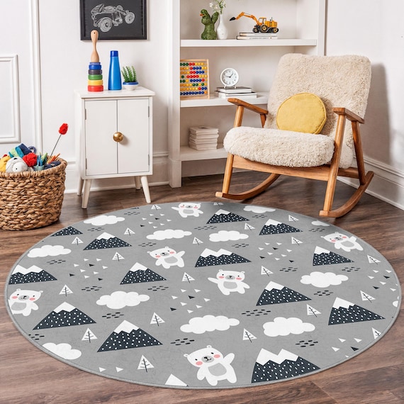 Bear Pattern Kids Rug: Gray Mountain Nursery Carpet, Soft Playroom