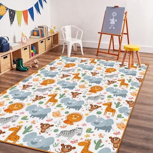 Animal Safari Kids Rug: Jungle Playroom Carpet, Nursery Decor