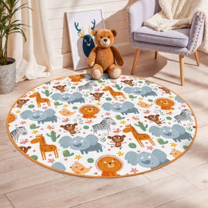 Animal Themed Round Rug, Kids Room Decor, Cute Animal Print Carpet, Safari Theme Nursery Mat, Soft Round Kids Play Rug