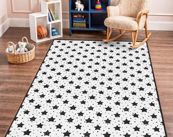 Tappeto per bambini con motivo a stelle, tappeto rettangolare bianco e nero, elegante tappetino per la cameretta dei bambini, arredamento moderno per la cameretta dei bambini, tappeto per la sala giochi