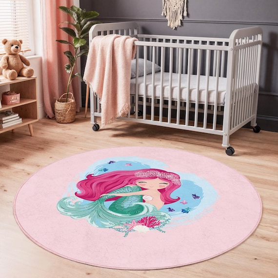 Mermaid Kids Rug: Pink Ocean Nursery Decor, Playful Round Carpet