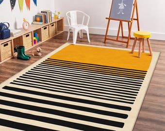 Modern Striped Area Rug, Yellow and Black Rectangle Carpet, Stylish Children's Room Decor, Trendy Kids Playroom Rug, Geometric Design Rug