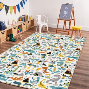 Dinosaur Adventure Rug, Colorful Kids Room Carpet, Interactive Play Mat for Children, Fun Dinosaur Patterned Rectangle Rug, Playroom Decor