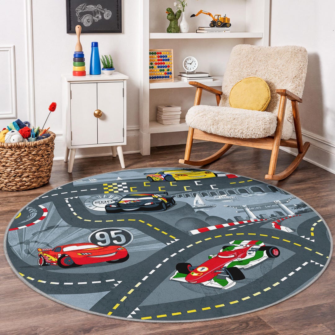 Round Racetrack Rug Race Car Adventure Rug, Kids Round Carpet, Colorful Race Track Mat ...
