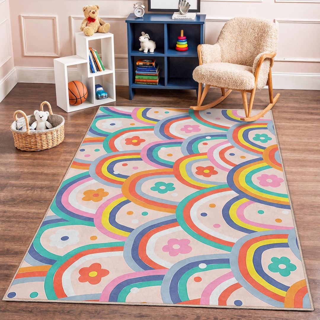 Colorful Floral Patterned Area Rug, Vibrant Rectangular Kids Room ...