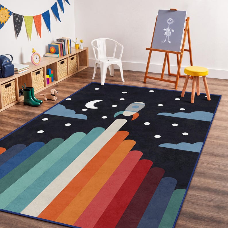 Launch Pad Rug Rocket Launch Space Rug, Colorful Kids Room Carpet, Children’s Bedroom ...