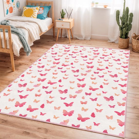 Butterfly Patterned Rug, Pink Rectangular Kids Room Carpet, Floral