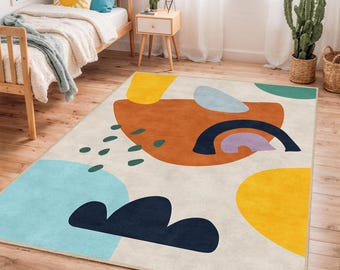 Abstract Colorful Kids Room Rug, Modern Nursery Carpet, Playful Rectangular Area Rug, Unique Geometric Design for Children