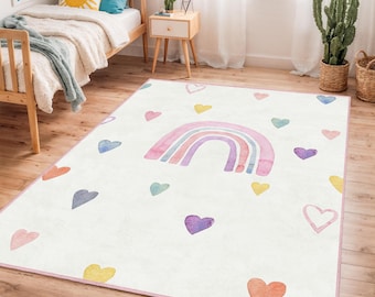 Watercolor Rainbow Hearts Rug, Colorful Kids Room Carpet, Rectangular Nursery Mat, Cute Playroom Decor, Adorable Heart Pattern Rug