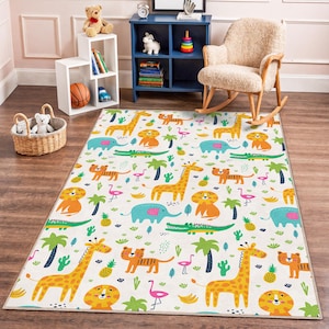 Safari Animal Kids Rug: Colorful Jungle Play Mat, Non-Slip
