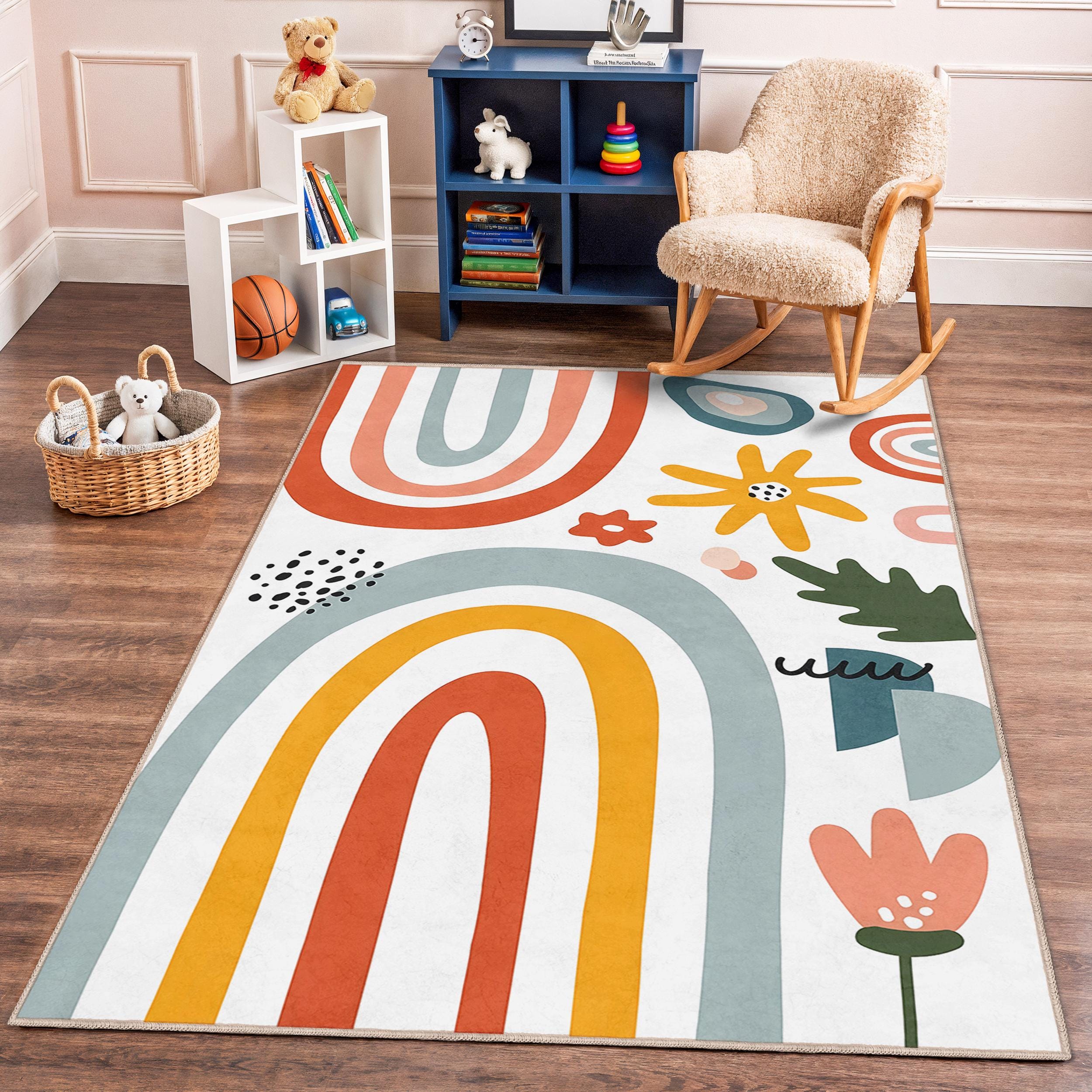 Colorful Rainbow Patterned Kids Room Rug, Bright Rectangular Playroom ...