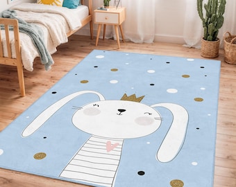 Cute Bunny Rug, Kids Room Decor, Playful Rabbit Pattern Carpet, Rectangular Baby Room Rug, Adorable Nursery Gift, Fun Animal Mat