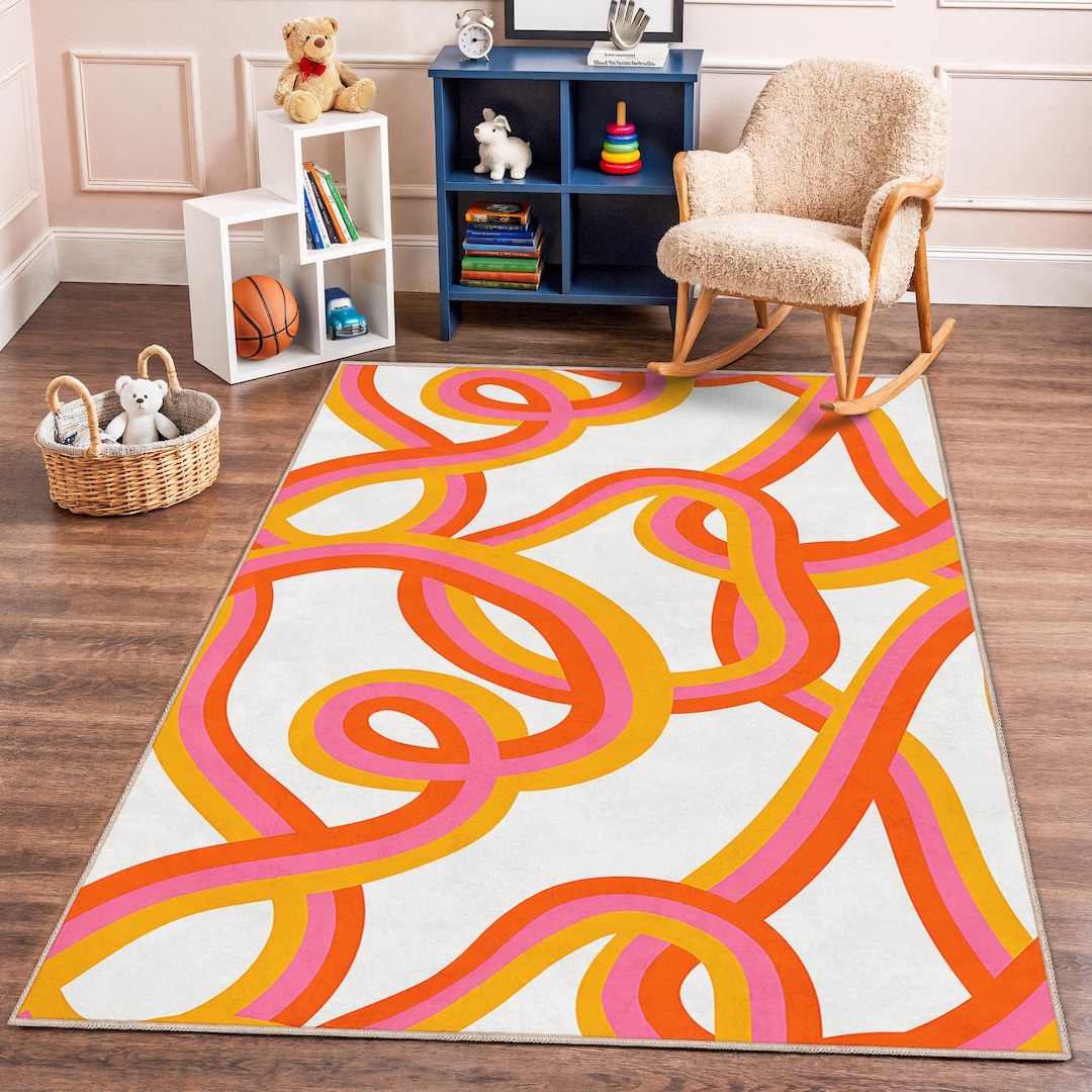 Patterned Rug Kids Colorful Abstract Lines Rectangular Kids Room Rug, Bright Pink and ...