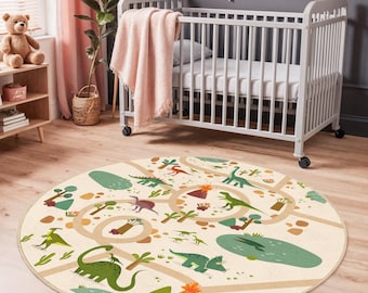 Dinosaur Adventure Round Kids Rug, Playful Dinosaur Pattern, Soft Round Nursery Carpet, Interactive Dino Themed Kids Room Mat