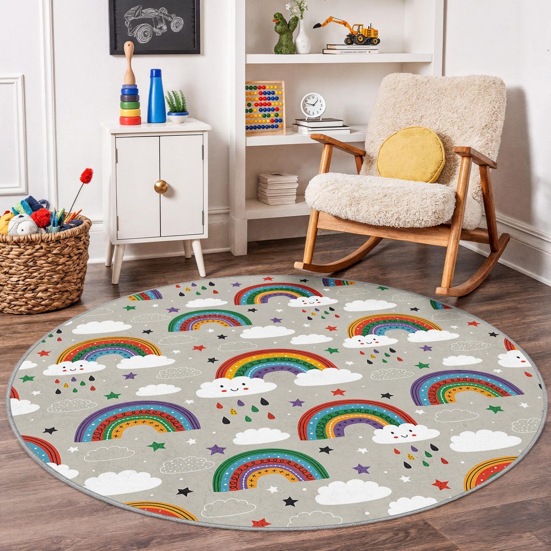 Normal Rug For Kids Rainbow Clouds Round Kids Rug, Colorful Play Mat, Soft Nursery Carpet ...